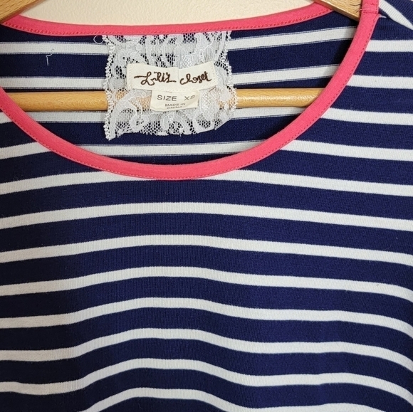 Anthropologie Lili's Closet | Navy & White Striped Top with Pink Trim - Picture 2 of 5